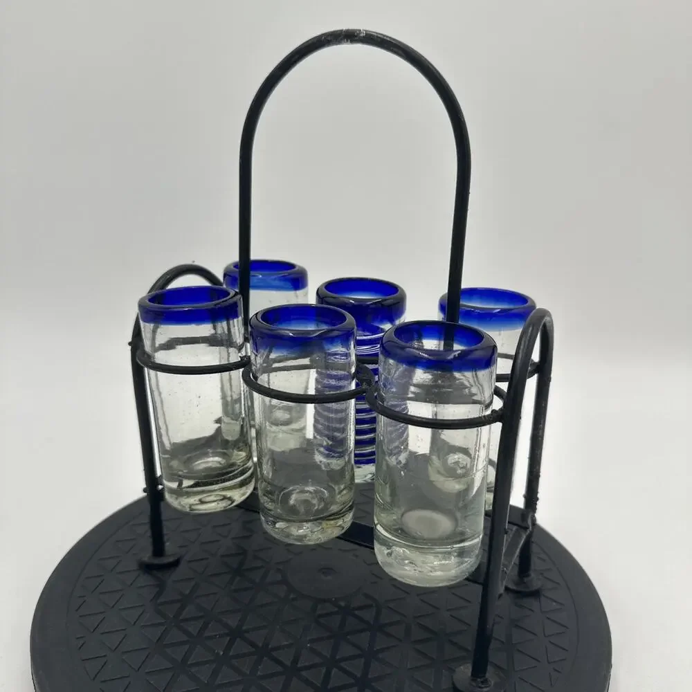 Hand blown Shot Glasses With Metal Caddy. Set Of 6